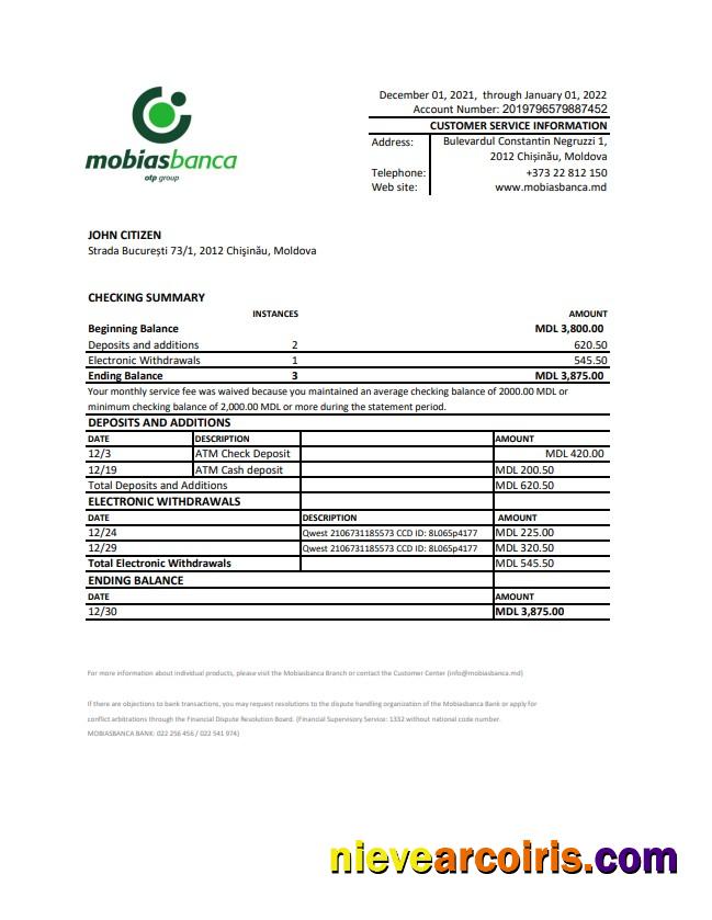 Moldova Mobiasbanca bank statement